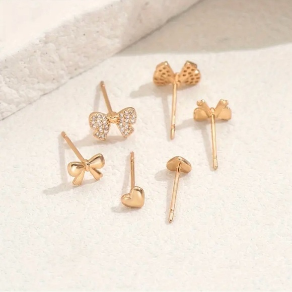 New 3 pairs of gold bow & Heart Stud Earrings, coquette bow jewelry, Bow studs - Picture 4 of 4